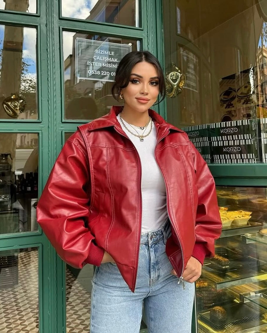 Timeless Red Leather Bomber Jacket