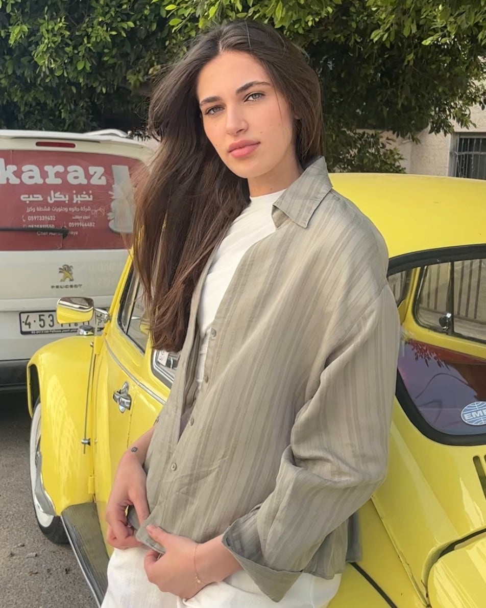 Casual Pistachio Green Striped Shirt | قميص كاجوال مخطط باللون الفستقي