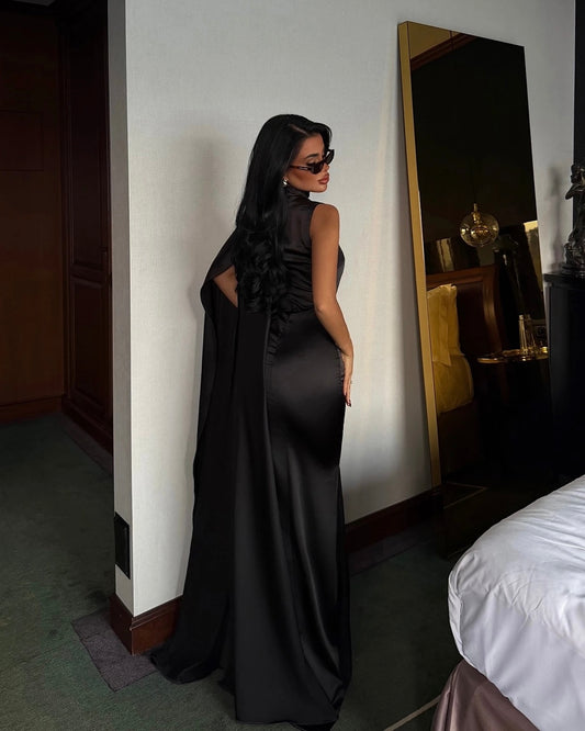Elegant Black Satin Dress with Draped Scarf | فستان ساتان اسود بقصة ضيقة مع شال منسدل