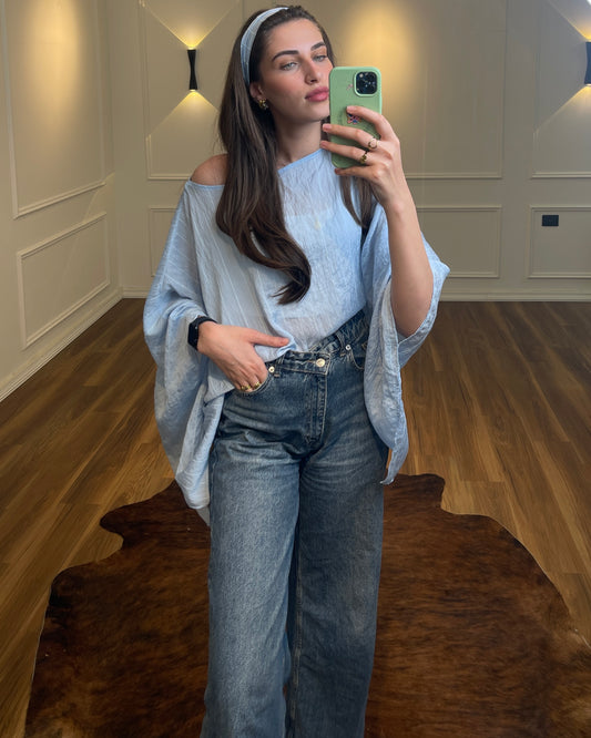 Sky Blue Sheer Poncho Blouse with Scarf Detail | بلوزة شيفون سماوية بقصة واسعة مع شال