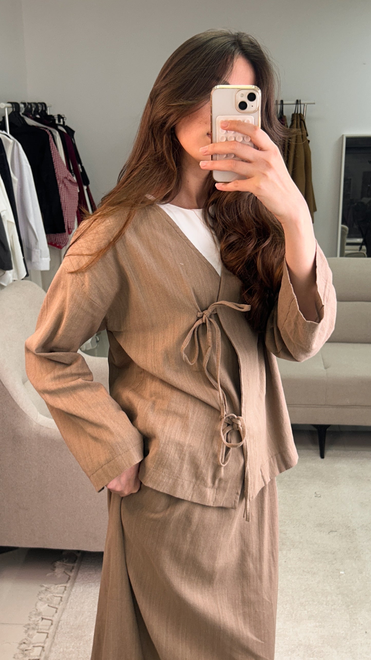Khaki Linen Front-Tie Co-Ord Set | طقم كتان كاكي بربطات أمامية