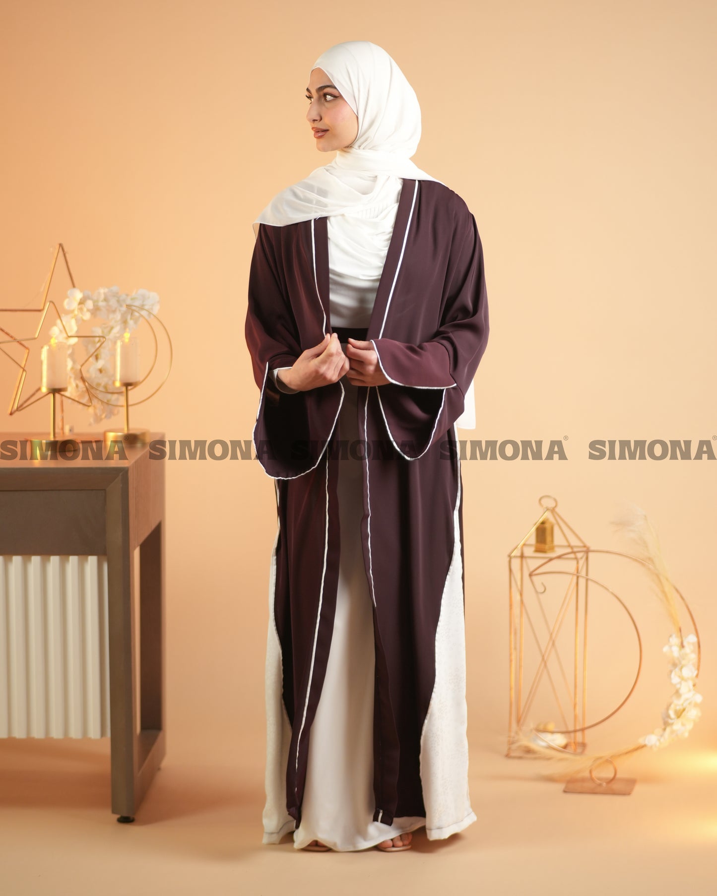 Elegant Maroon Abaya with Floral White Details | عباية أنيقة باللون الخمري مزينة بتفاصيل ورود بيضاء