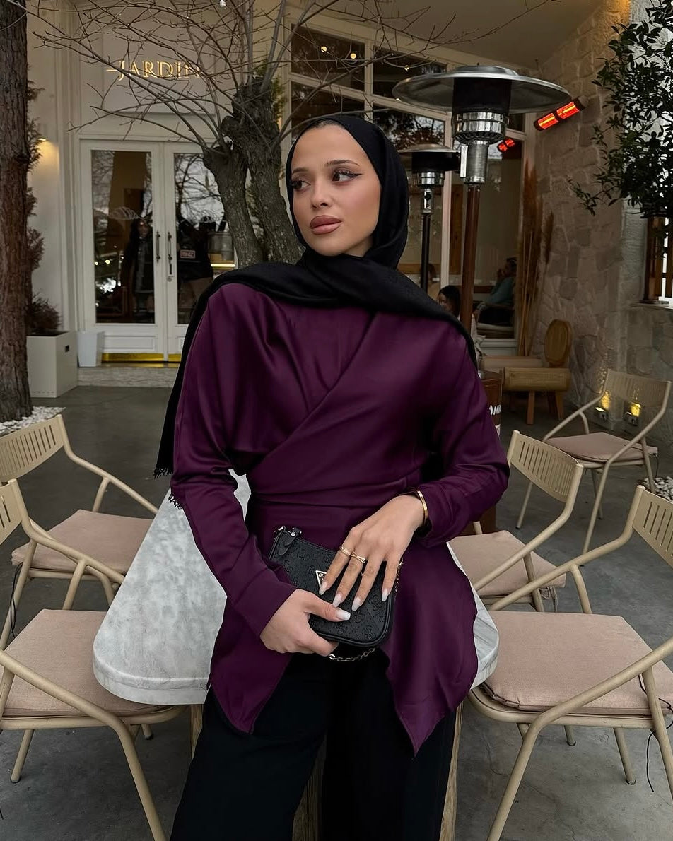 Plum Satin Wrap Blouse | بلوزة ستان لفّ بلون البنفسجي