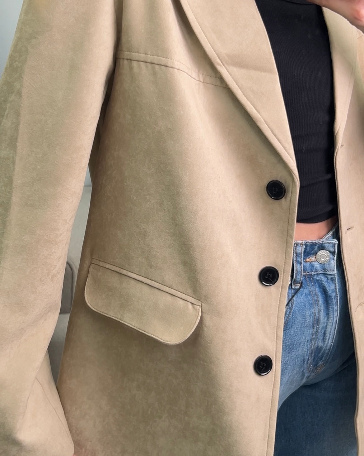 Beige Suede Blazer with Wide Collar | بليزر بيج انيق من جلد السويد