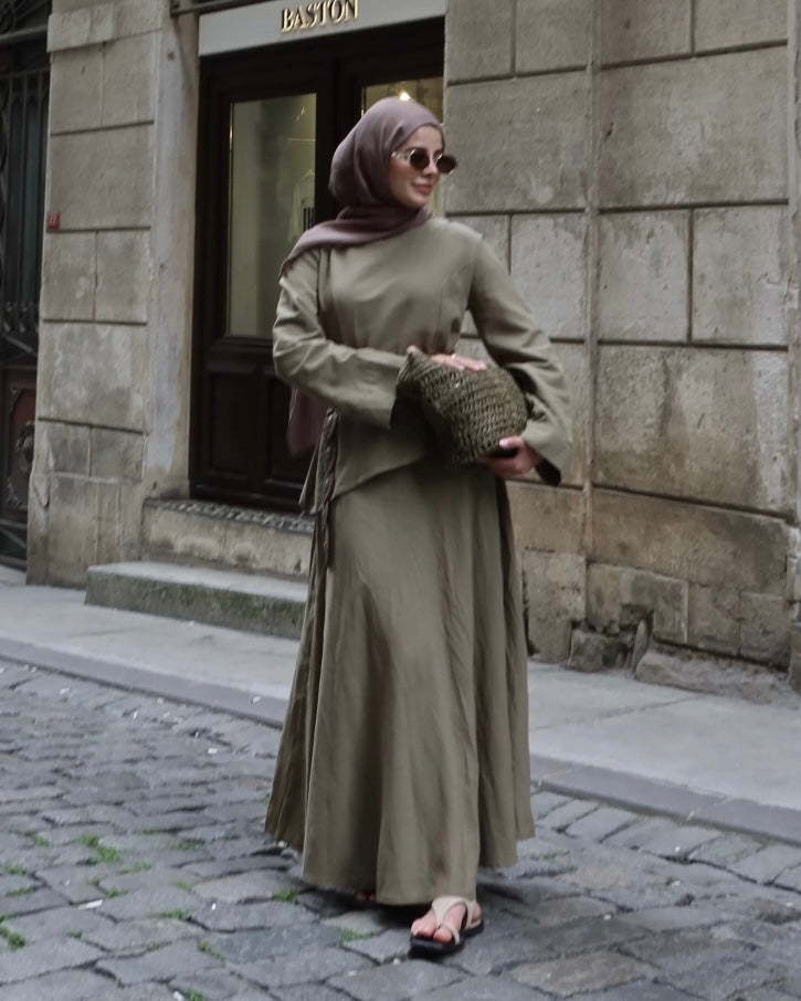 Khaki Asymmetric Linen Set | طقم كتان بلون كاكي بقصة غير متماثلة