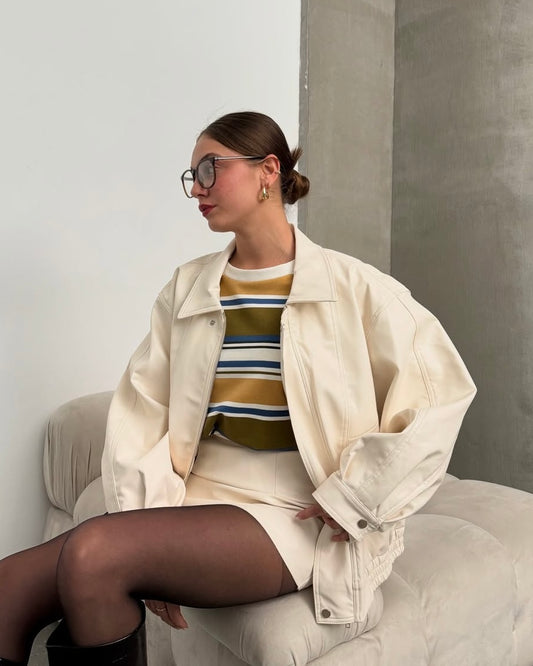 Cream Oversized Structured Leather Jacket | جاكيت جلد واسع بلون كريمي