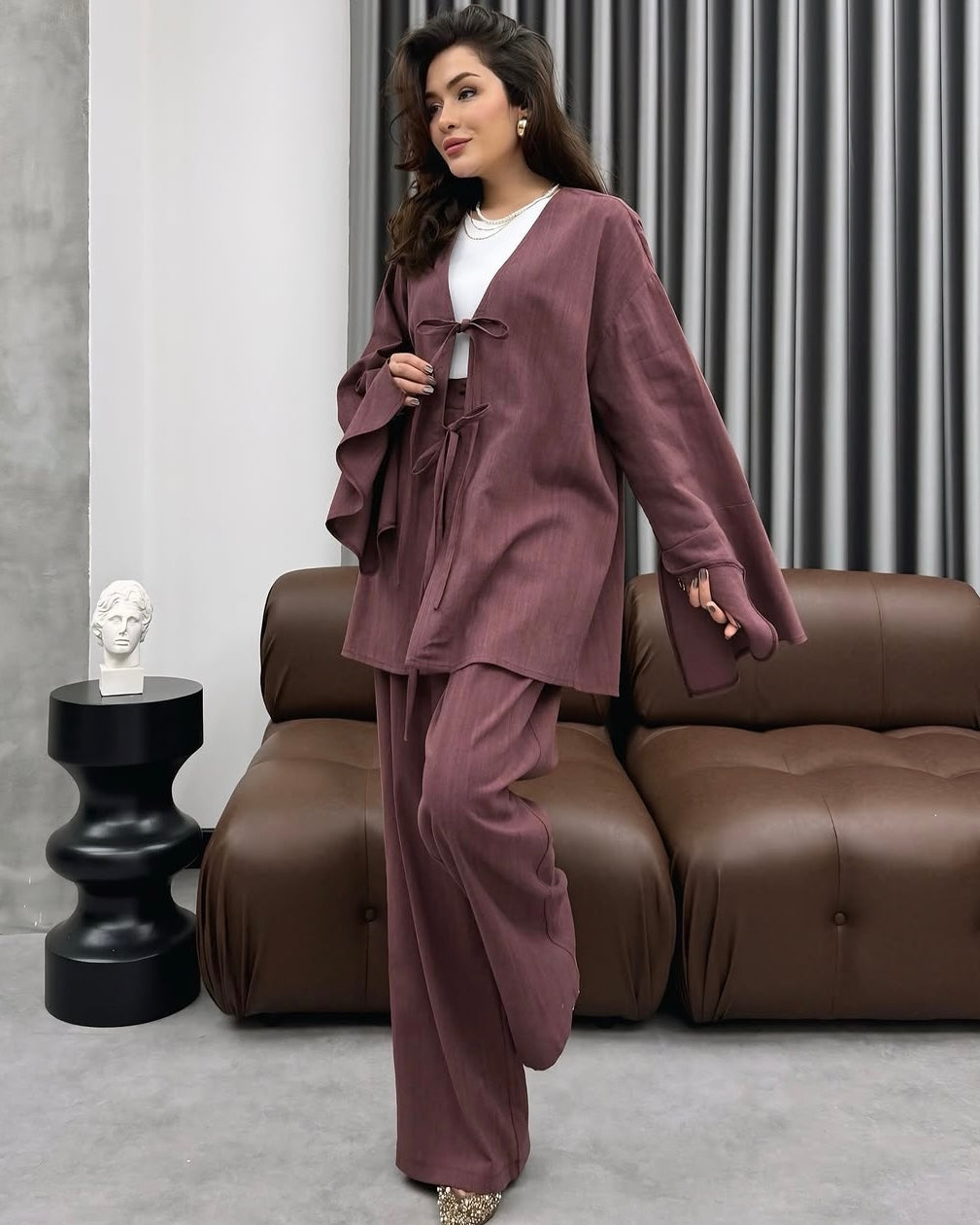 Mauve Tie Front Casual Set | طقم موڤ كاجوال برباط أمامي