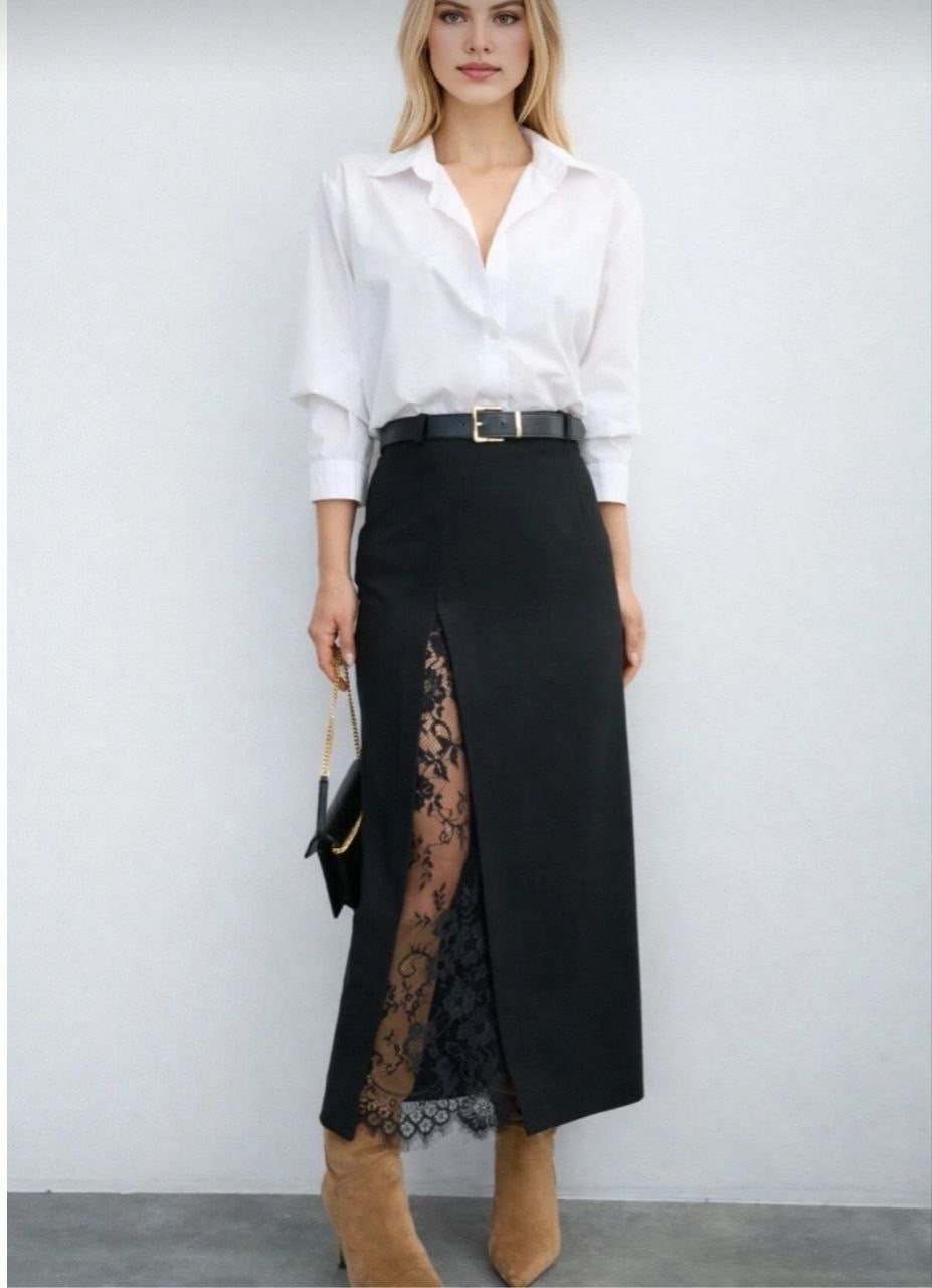 Black long slit skirt with lace| تنورة سوداء طويلة مفتوحة مع دانتيل
