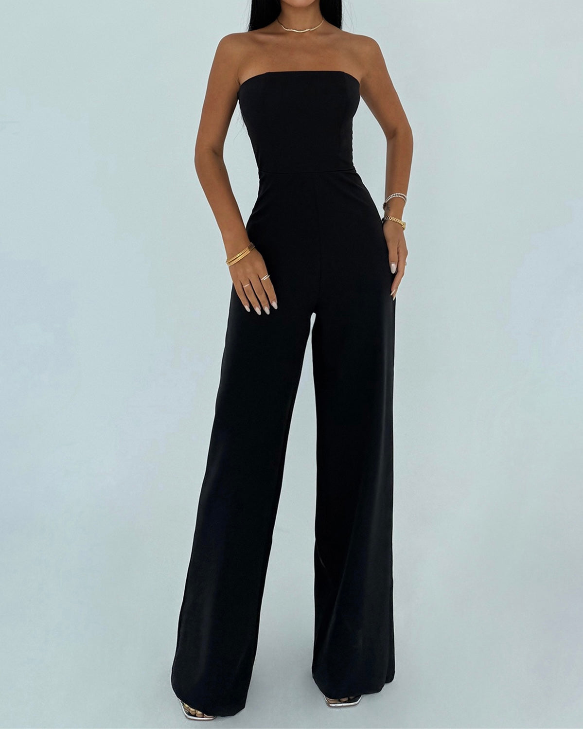 Black Elegant Strapless Jumpsuit | جمبسوت أسود أنيق بدون أكتاف