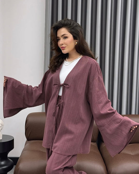Mauve Tie Front Casual Set | طقم موڤ كاجوال برباط أمامي