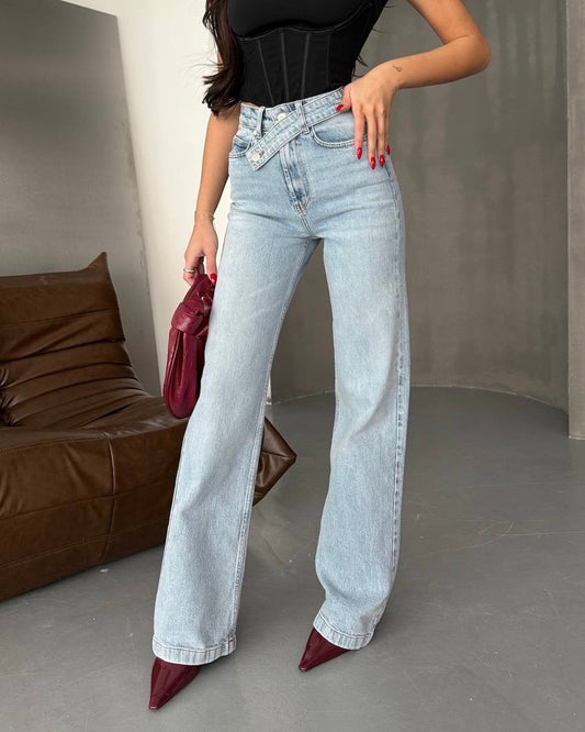 Asymmetric Waist High Rise Denim Jeans | جينز بخصر عالي وتصميم خصر غير متماثل