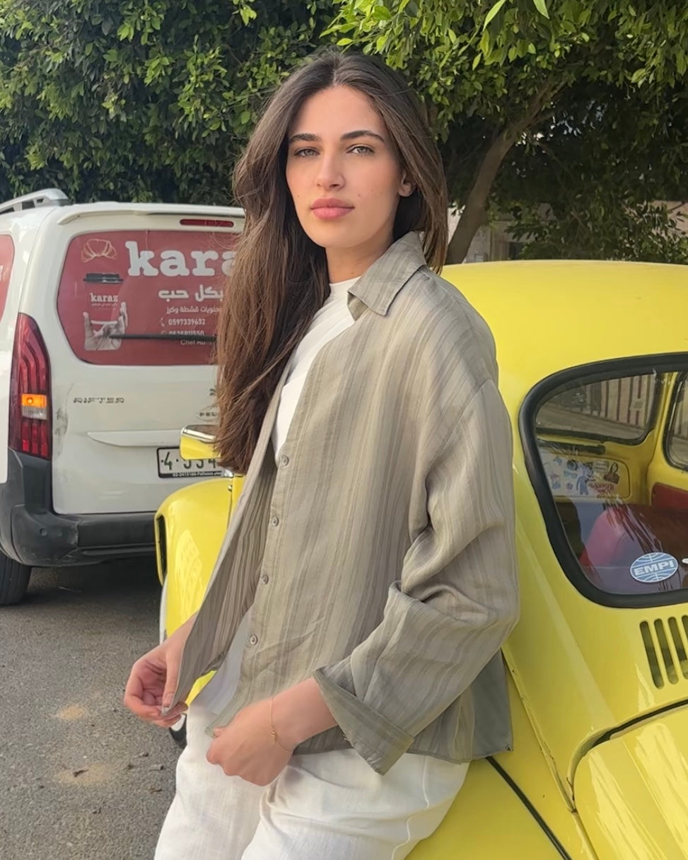Casual Pistachio Green Striped Shirt | قميص كاجوال مخطط باللون الفستقي