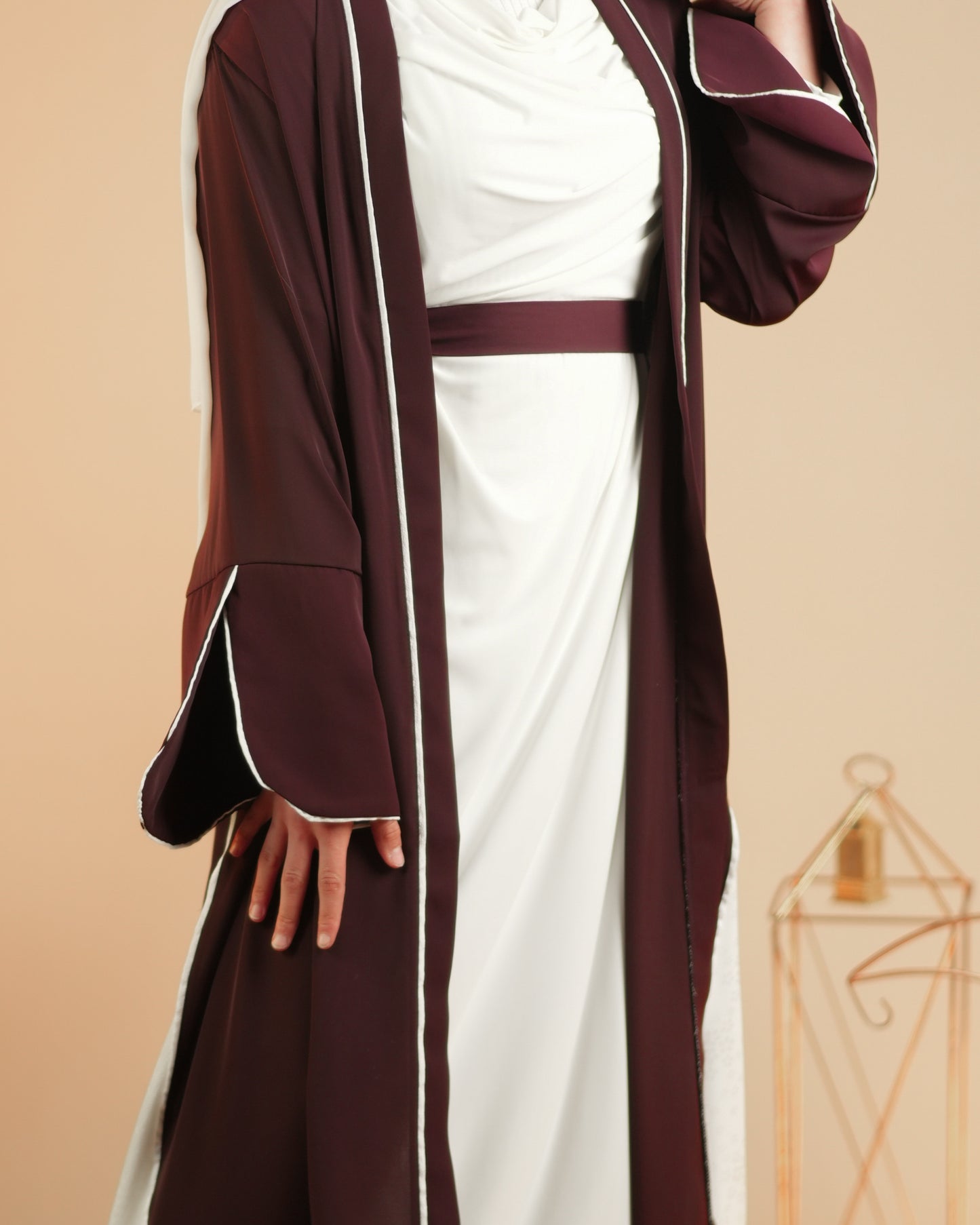 Elegant Maroon Abaya with Floral White Details | عباية أنيقة باللون الخمري مزينة بتفاصيل ورود بيضاء
