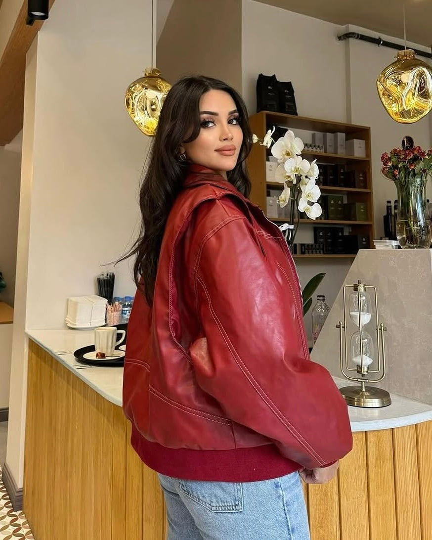 Timeless Red Leather Bomber Jacket