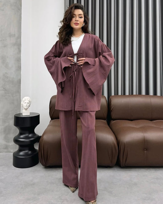 Mauve Tie Front Casual Set | طقم موڤ كاجوال برباط أمامي