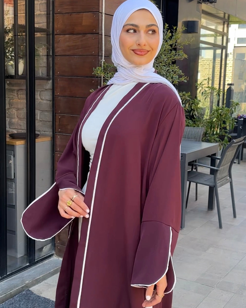 Elegant Maroon Abaya with Floral White Details | عباية أنيقة باللون الخمري مزينة بتفاصيل ورود بيضاء
