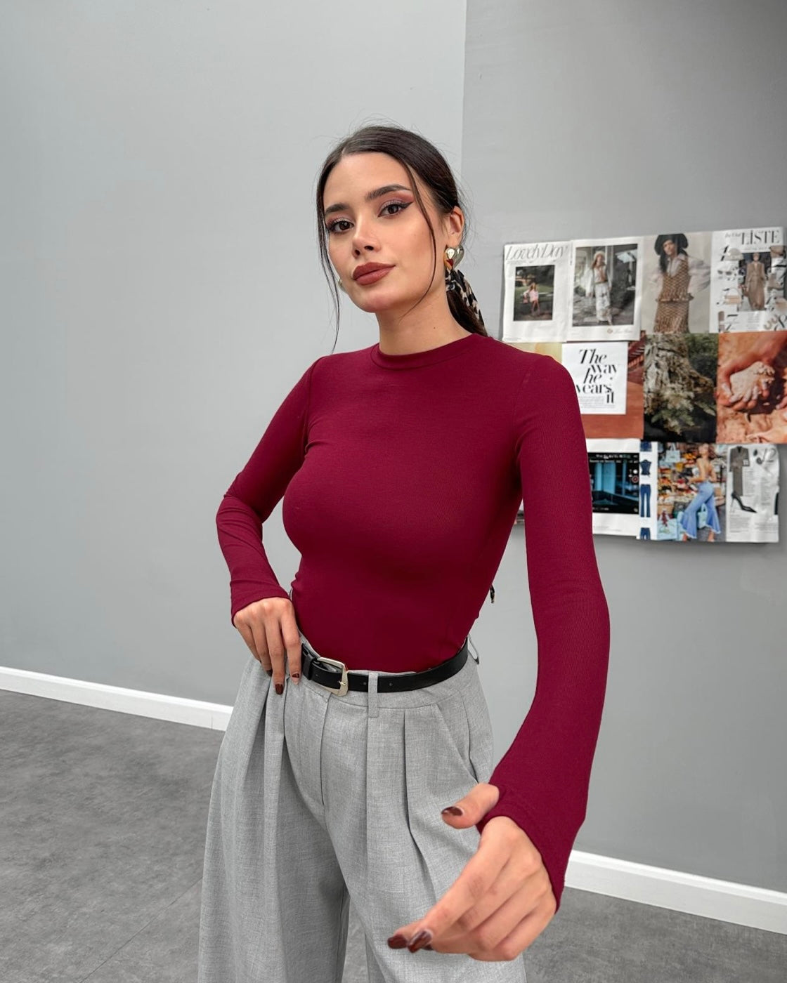 Burgundy Long-Sleeve Top | بلوزة خمرية بأكمام طويلة