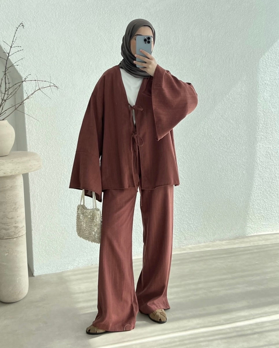 Terracotta Tie Front Casual Set | طقم كرميدي كاجوال برباط أمامي