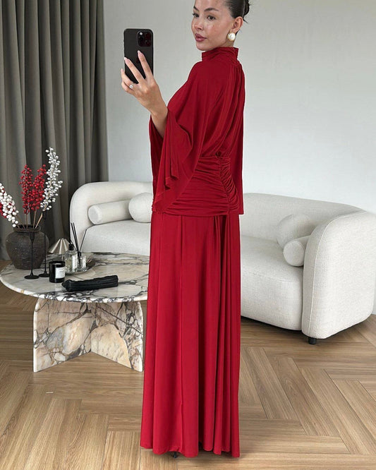 Elegant High Neck Maxi Dress with Ruched Waist & Flare Sleeves – Red | فستان ماكسي نسائي أنيق بياقة عالية، خصر بكسرات وأكمام واسعة –أحمر