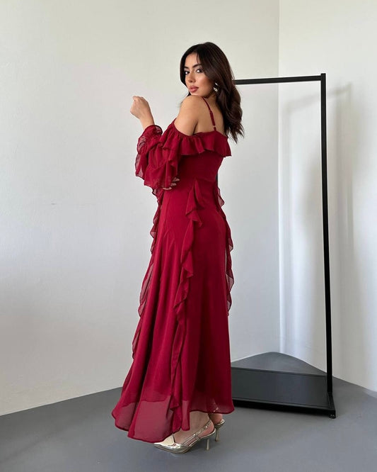 Long Red Dress with an Off-Shoulder Design | فستان أحمر طويل