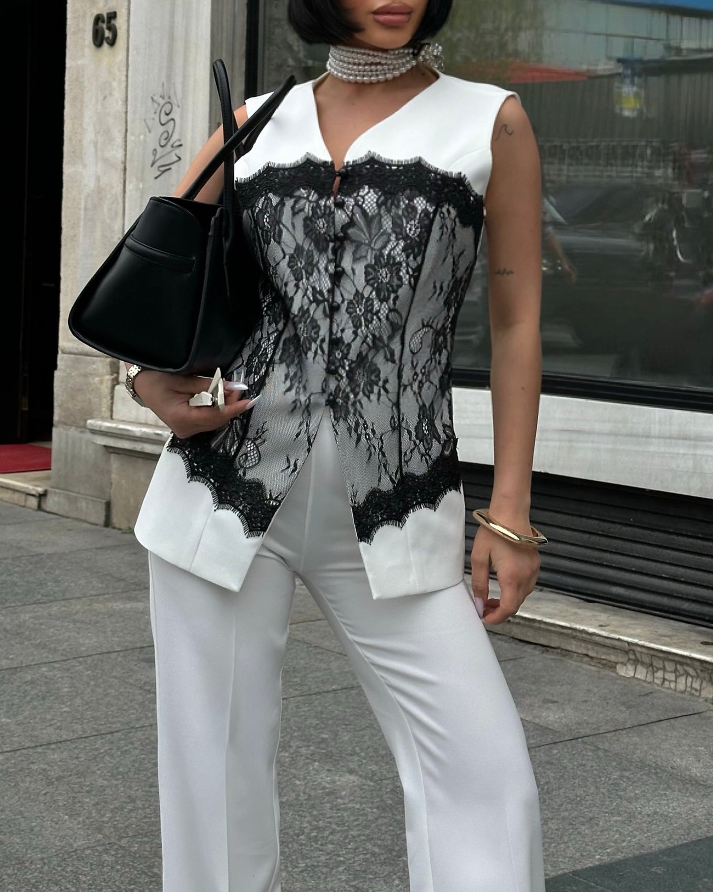 White Lace Vest & Wide-Leg Pants Set | طقم فيست دانتيل وبنطلون واسع باللون الابيض