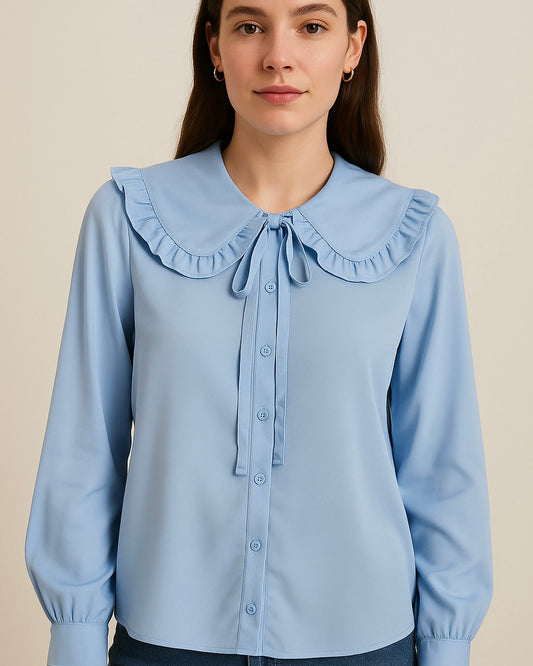 חולצת פשתן קשירה קדמית בצבע כחול