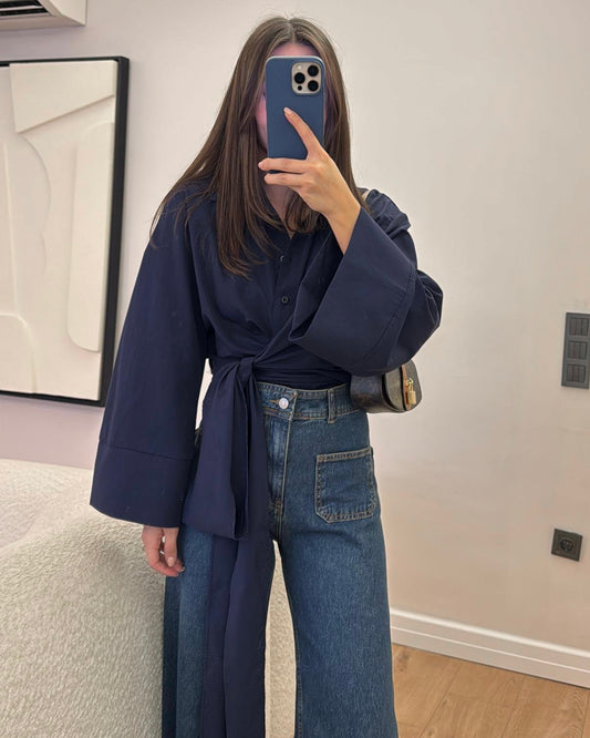 Navy Side Knot Wrap Top | توب كحلي ناعم بقصة لف وربطة جانبية
