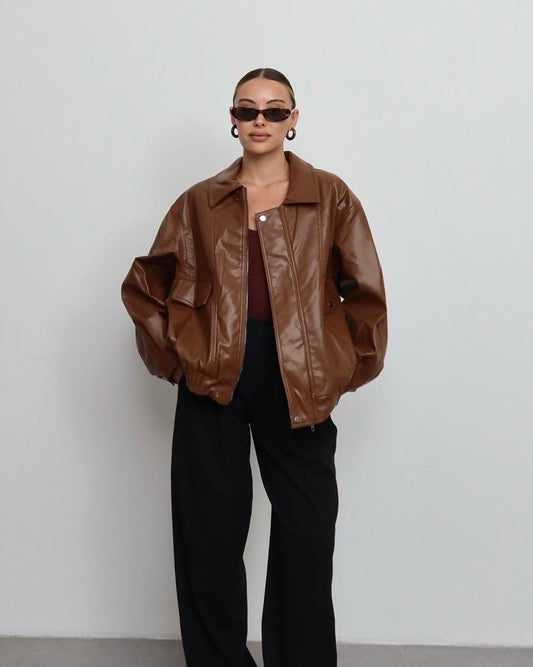 Dark Brown Oversized Structured Leather Jacket | جاكيت جلد واسع بلون البني الداكن