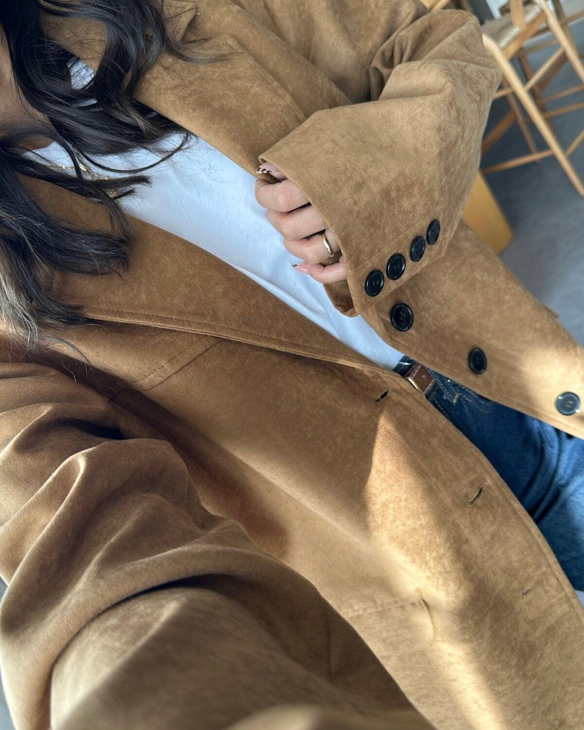 Terracotta Suede Blazer with Wide Collar | بليزر كمل انيق من جلد السويد