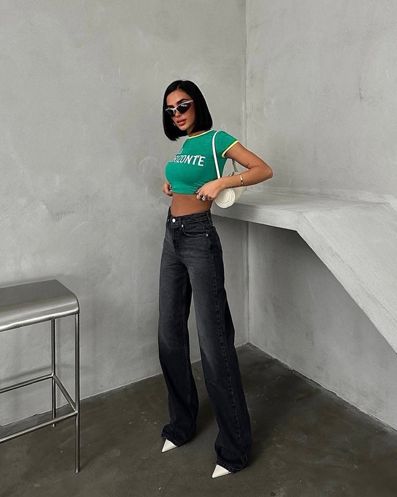 Black Straight Leg High-Waisted Jeans | جينز أسود واسع بخصر عالي