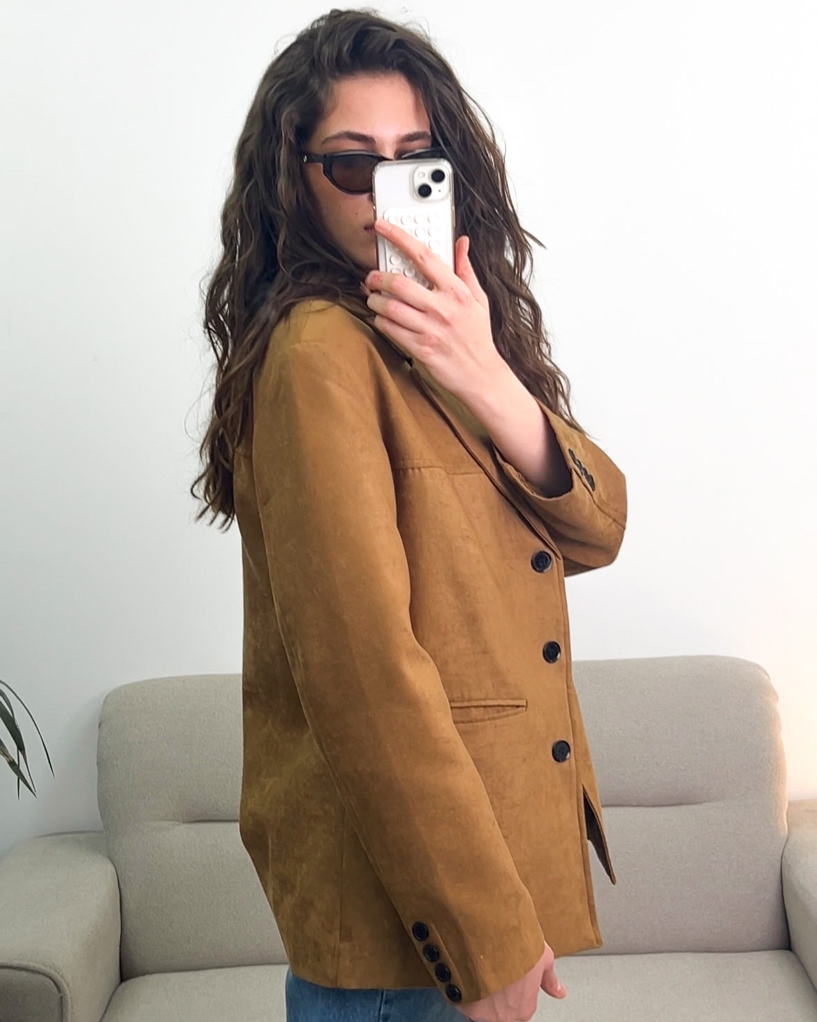 Terracotta Suede Blazer with Wide Collar | بليزر كمل انيق من جلد السويد
