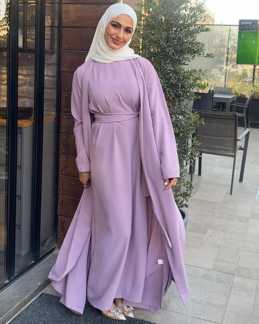 Elegant Lilac Abaya with Inner Dress | عباية أنيقة باللون الليلكي مع فستان داخلي