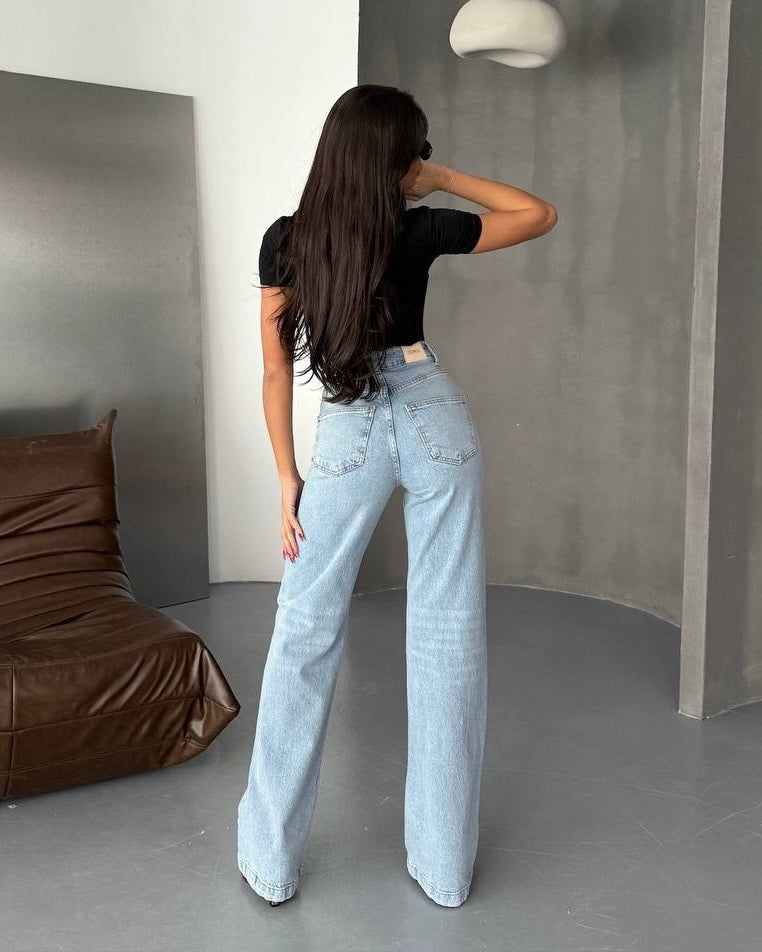 Asymmetric Waist High Rise Denim Jeans | جينز بخصر عالي وتصميم خصر غير متماثل