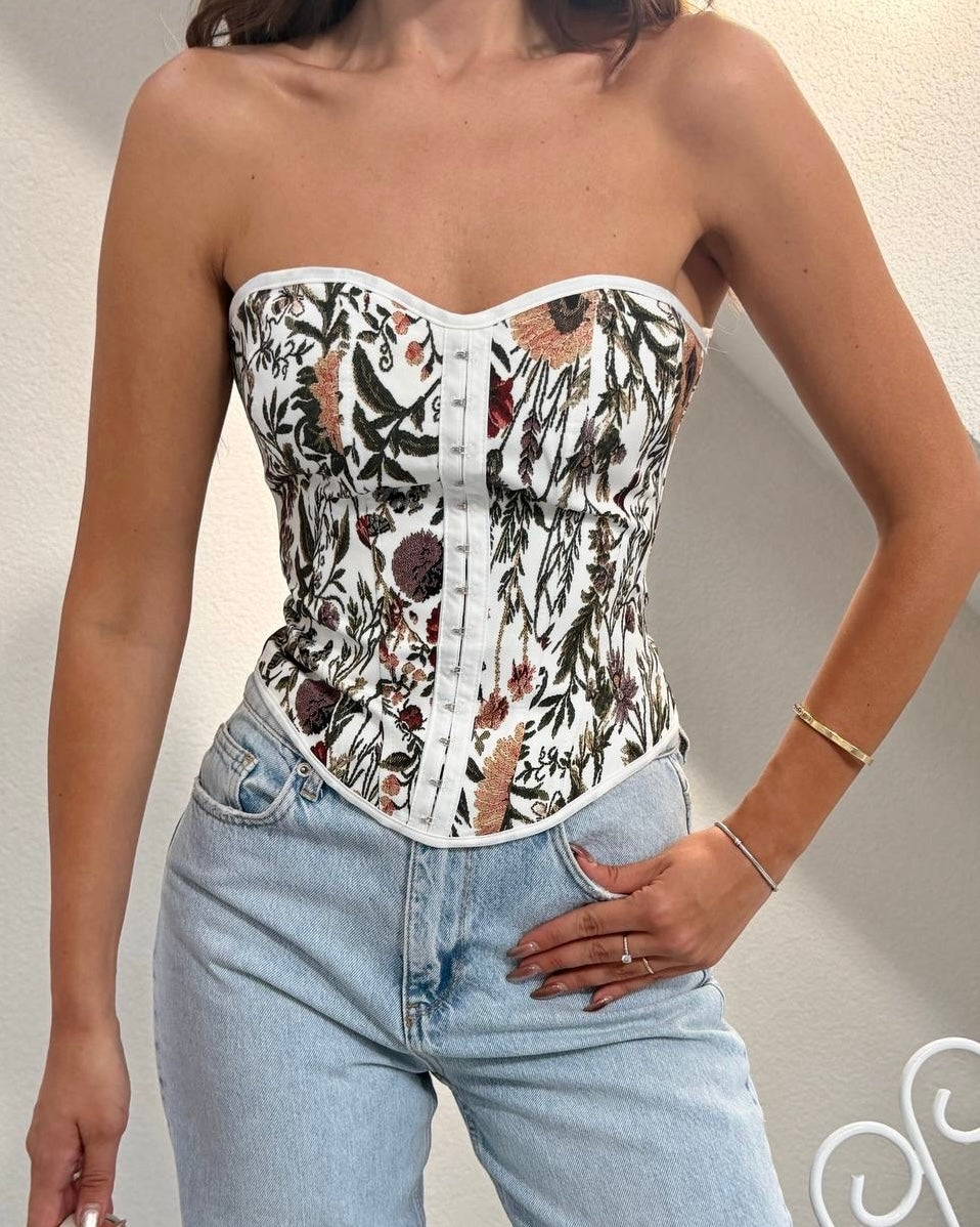 Yellow Floral Print Strapless Corset Top | توب كورسيه أنيق بنقشة ورود