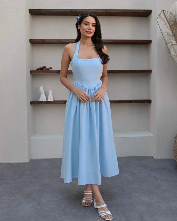 Blue Halter Midi Dress | فستان ميدي أزرق برباط حول الرقبة