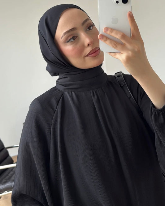 Elegant Black Modest Blouse with High Neck and Balloon Sleeves | بلوزة سوداء محتشمة أنيقة بياقة عالية وأكمام واسعة