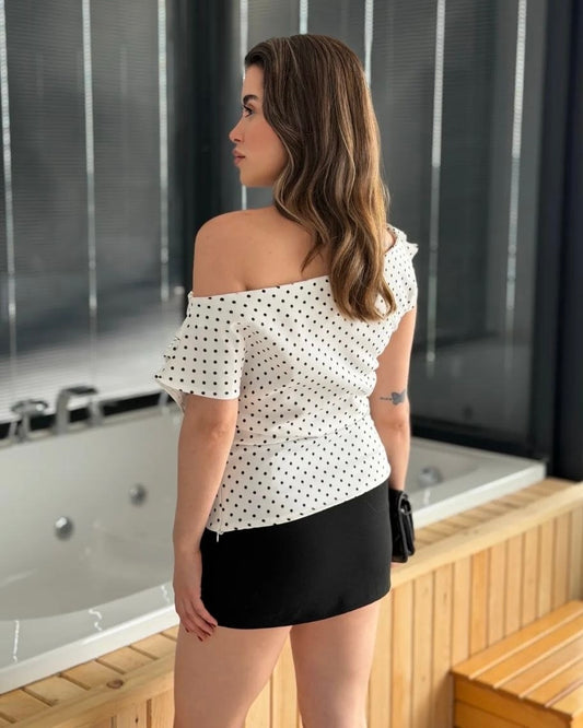 White Polka Dot Off-Shoulder Top | توب منقط بقصة أوف شولدر