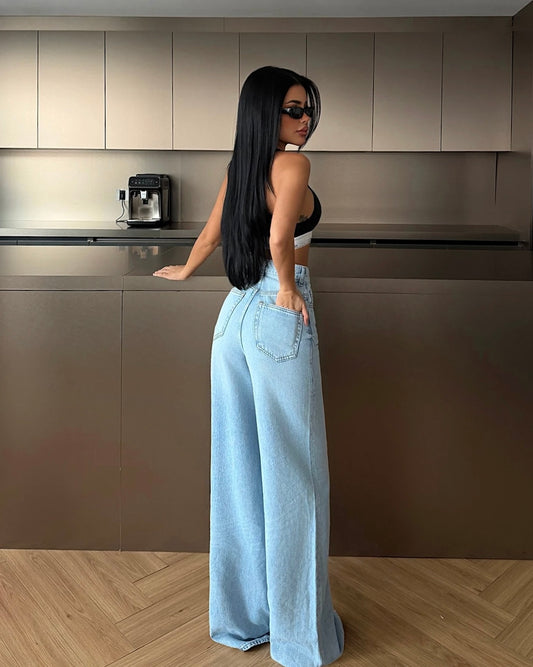 Light Blue High-Waist Wide Leg Jeans | جينز أزرق فاتح بخصر عالٍ وأرجل واسعة