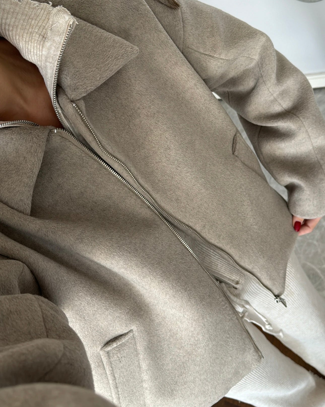 Sand Brown Wool Jacket with Zipper and Side Pockets