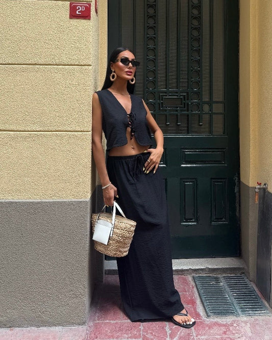 Black Boho Tie-Front Set | طقم بوهيمي أسود بربطة أمامية