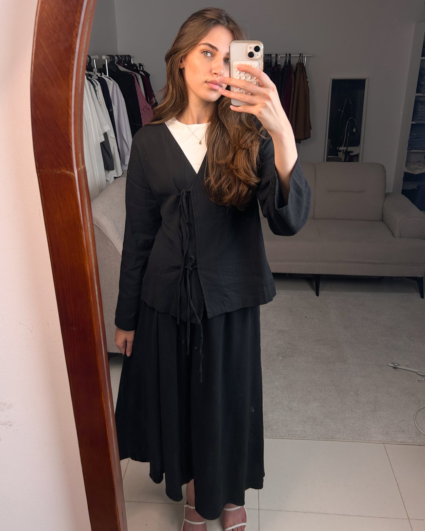 Black Linen Front-Tie Co-Ord Set | طقم كتان اسود بربطات أمامية