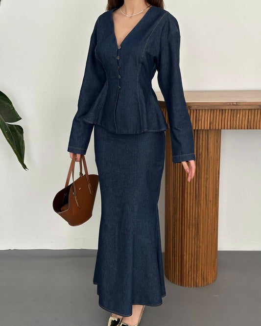 Tailored Top with Front Buttons and a Long Skirt | طقم بلوزة مفصلة وتنورة طويلة