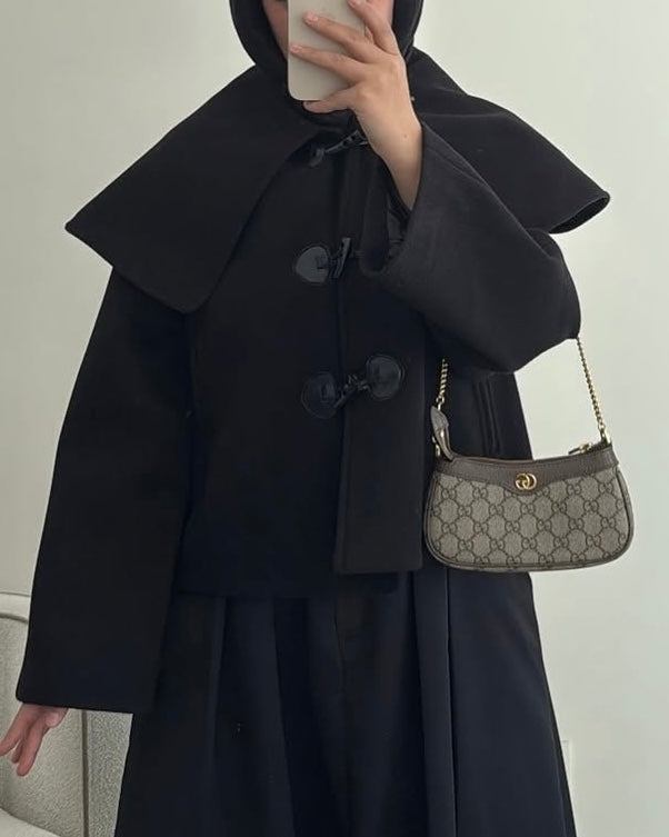 Black Jacket with Oversized Collar and Toggle Buttons | جاكيت أسود بياقة كبيرة وأزرار توغل