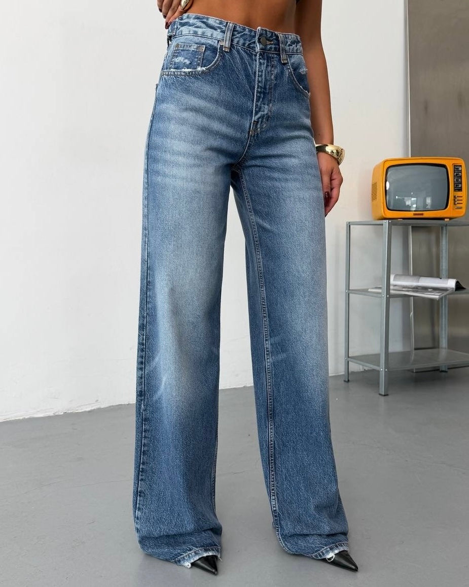 Denim High Waist Wide-Leg Jeans with Vintage Wash Effect | جينز بقصة واسعة وخصر عالي