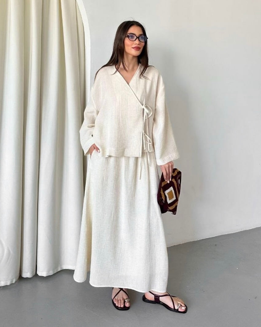 Cream Linen Front-Tie Co-Ord Set | طقم كتان كريمي بربطات أمامية