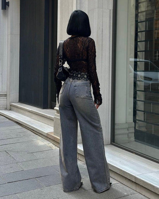Stone Grey Wash Wide-Leg High-Rise Jeans | جينز واسع بخصر مرتفع