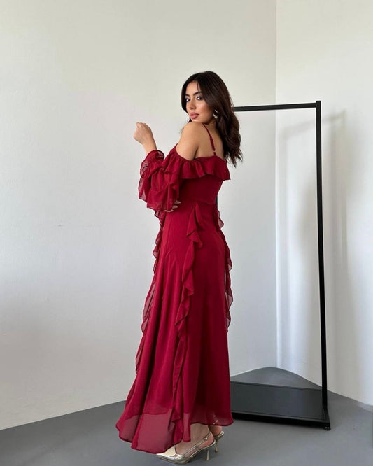 Long Red Dress with an Off-Shoulder Design | فستان أحمر طويل