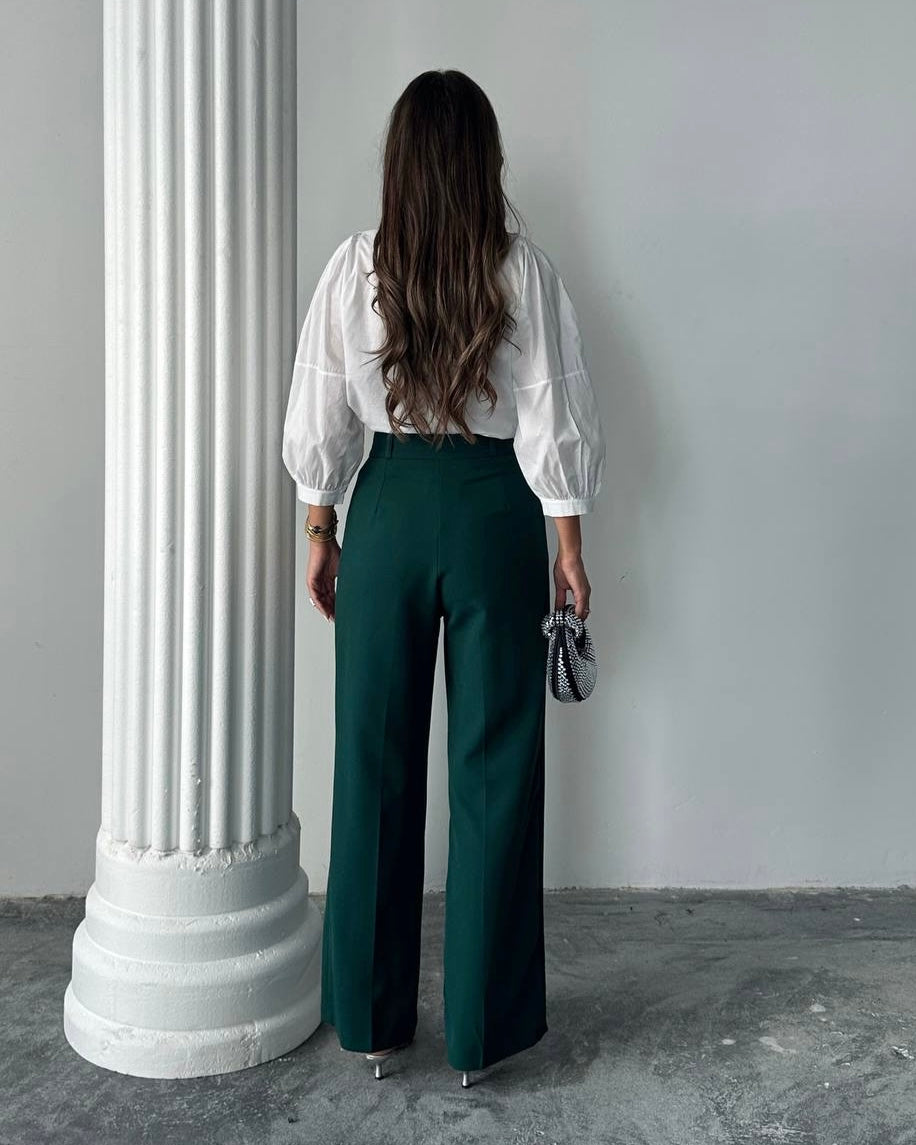 Emerald Green Wide-Leg High-Waist Trousers | بنطلون بخصر عالٍ بلون الاخضر الزمردي