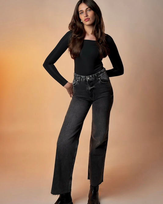 Charcoal High-Waist Straight Jeans