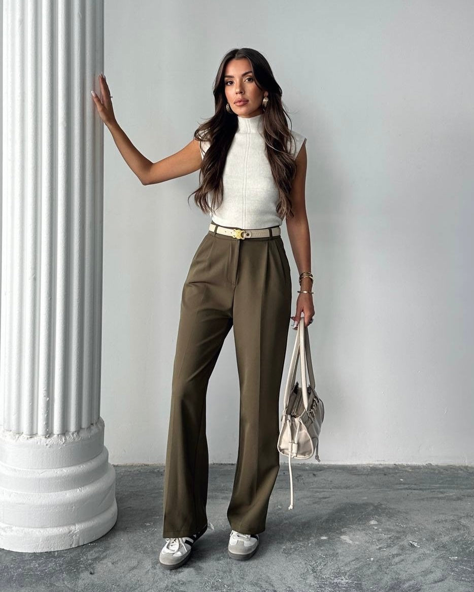 Olive Green Wide-Leg High-Waist Trousers | بنطلون بخصر عالٍ باللون الزيتوني